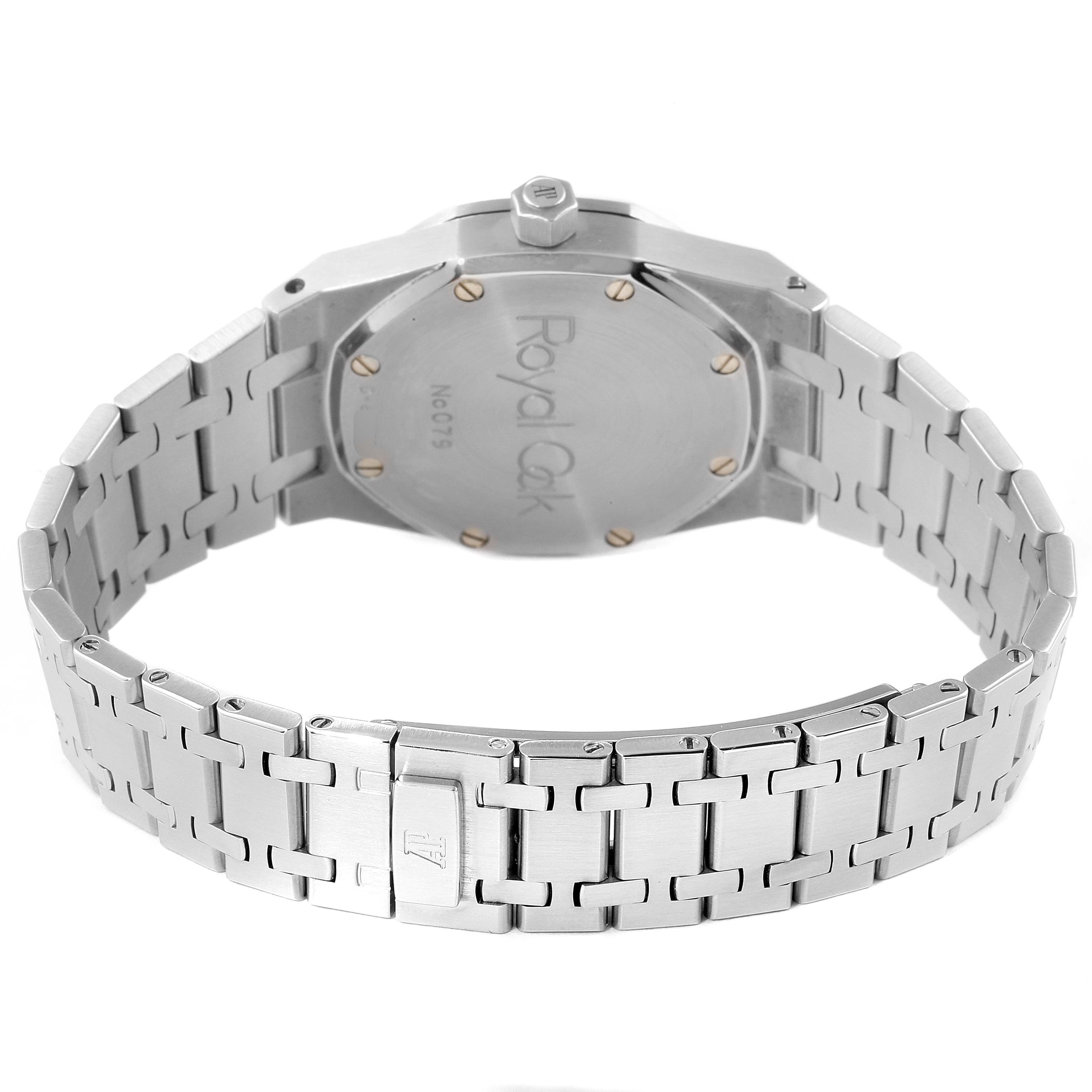This image shows the back of an Audemars Piguet Royal Oak 15000ST.OO.0789ST.05 Men's Stainless Steel Grey Dial 15000ST.OO.0789ST.05 Men's Stainless Steel Grey Dial watch, emphasizing the case back and bracelet.