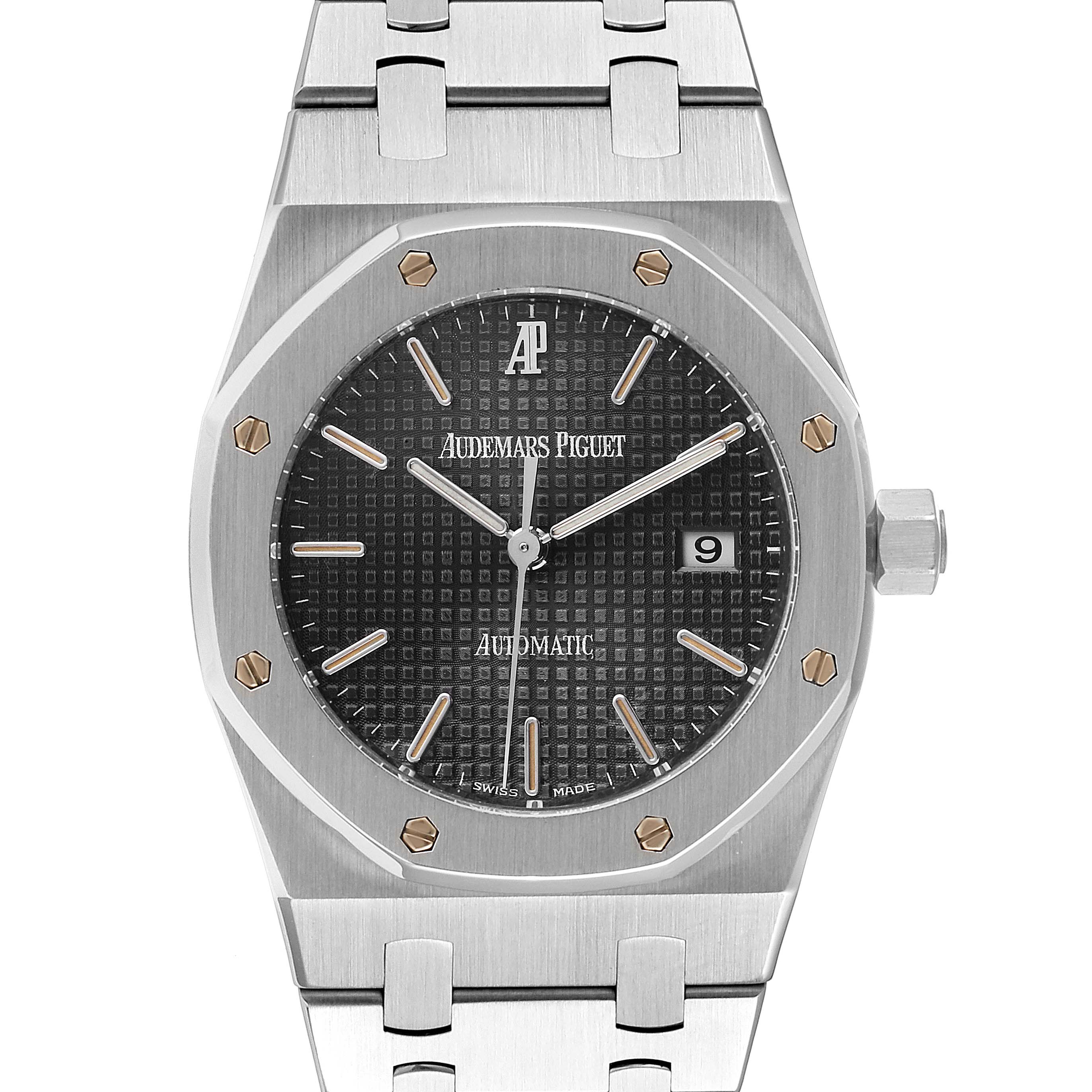 The image shows a front view of an Audemars Piguet Royal Oak 15000ST.OO.0789ST.05 Men's Stainless Steel Grey Dial 15000ST.OO.0789ST.05 Men's Stainless Steel Grey Dial watch, displaying the dial, bezel, and part of the bracelet.