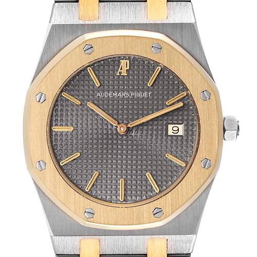 This image shows a front view of the Audemars Piguet Royal Oak 56175SA.OO.0789SA.01 Men's Steel and Gold (two tone) Grey Dial 56175SA.OO.0789SA.01 Men's Steel and Gold (two tone) Grey Dial watch, highlighting its case, bezel, hands, and dial.