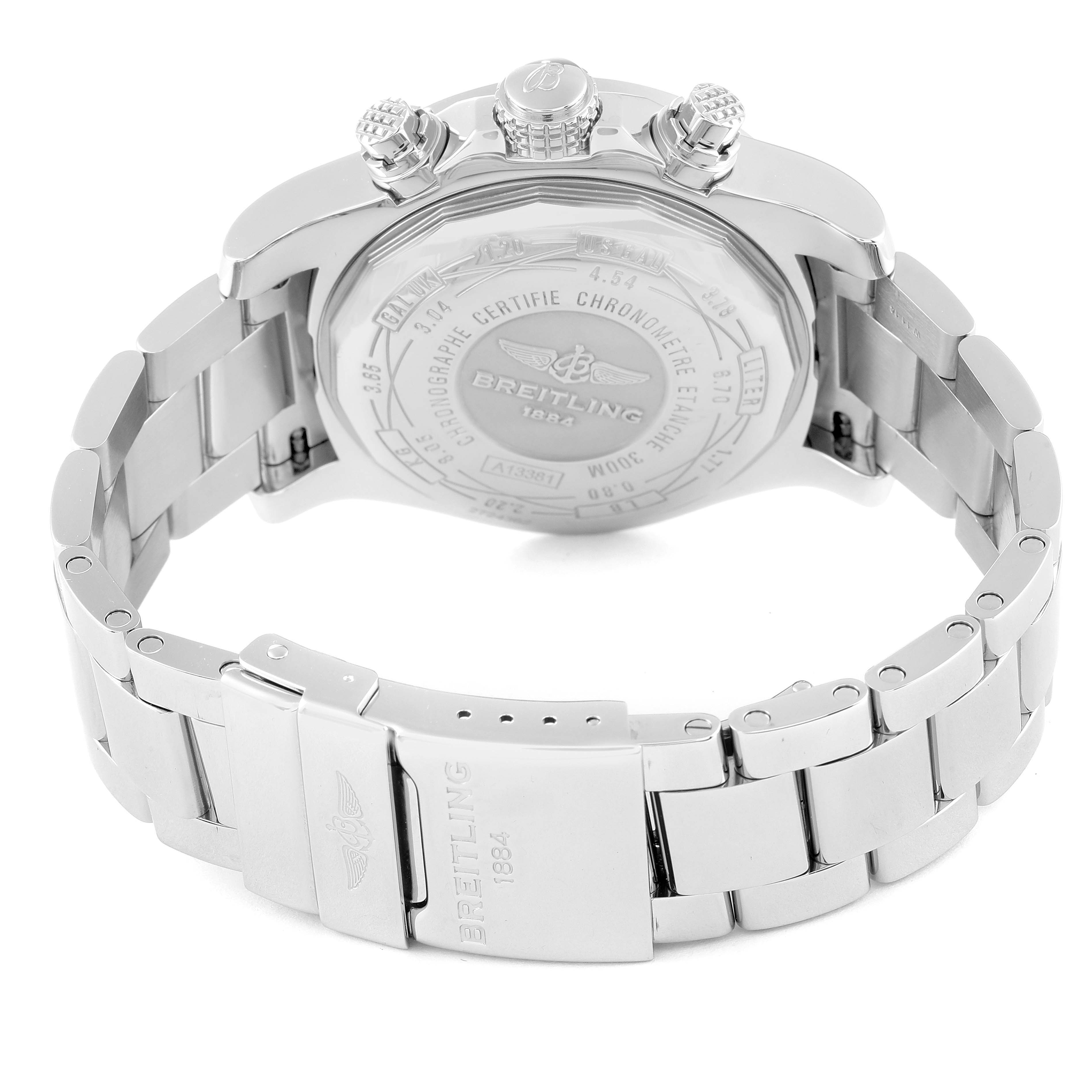 The image shows the back case, crown, and clasp of a Breitling Avenger A13381 Men's Stainless Steel Black Dial A13381 Men's Stainless Steel Black Dial watch, highlighting the brand's logo and details.