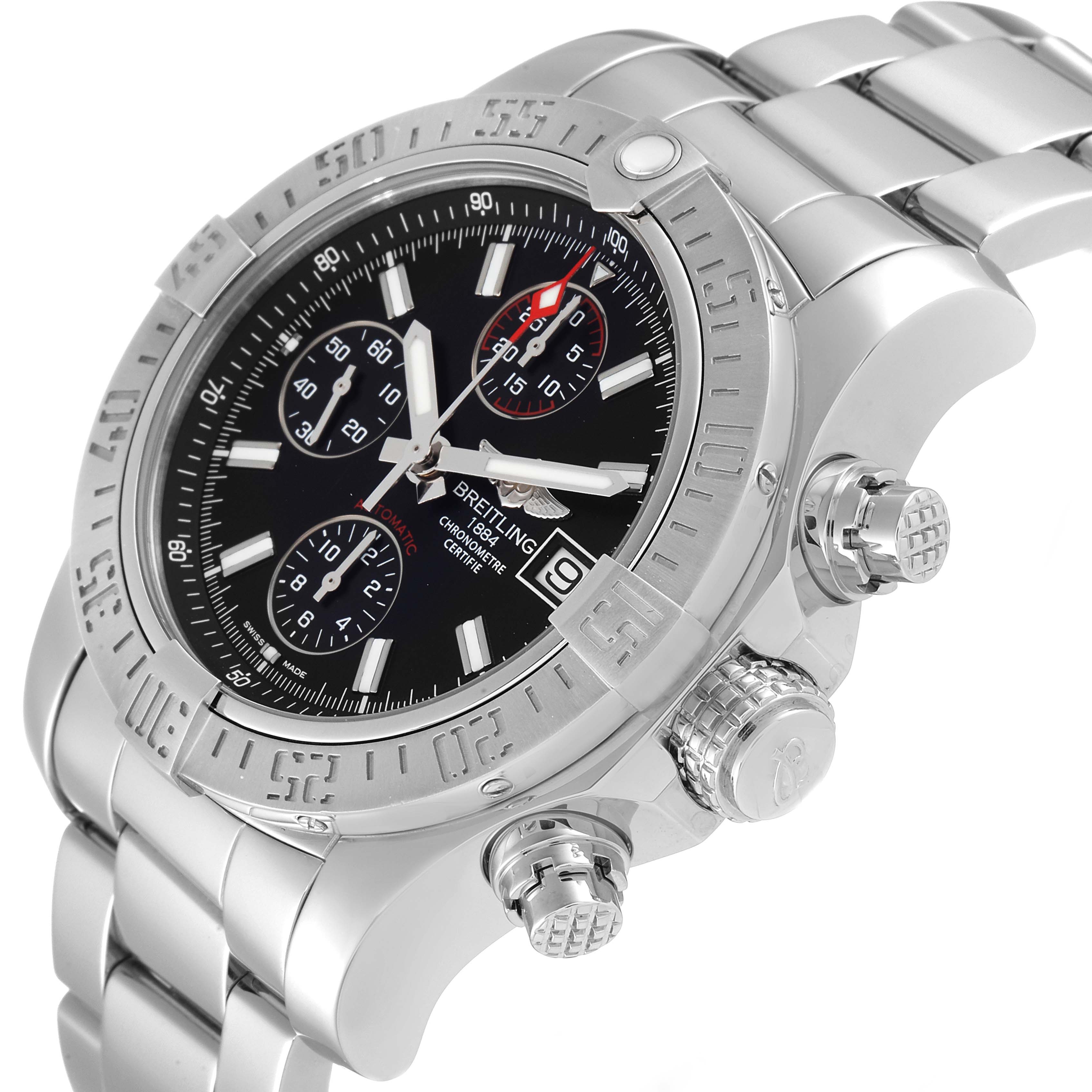This Breitling Avenger A13381 Men's Stainless Steel Black Dial A13381 Men's Stainless Steel Black Dial watch is shown at an angle displaying its black dial, chronograph subdials, and stainless steel bracelet.