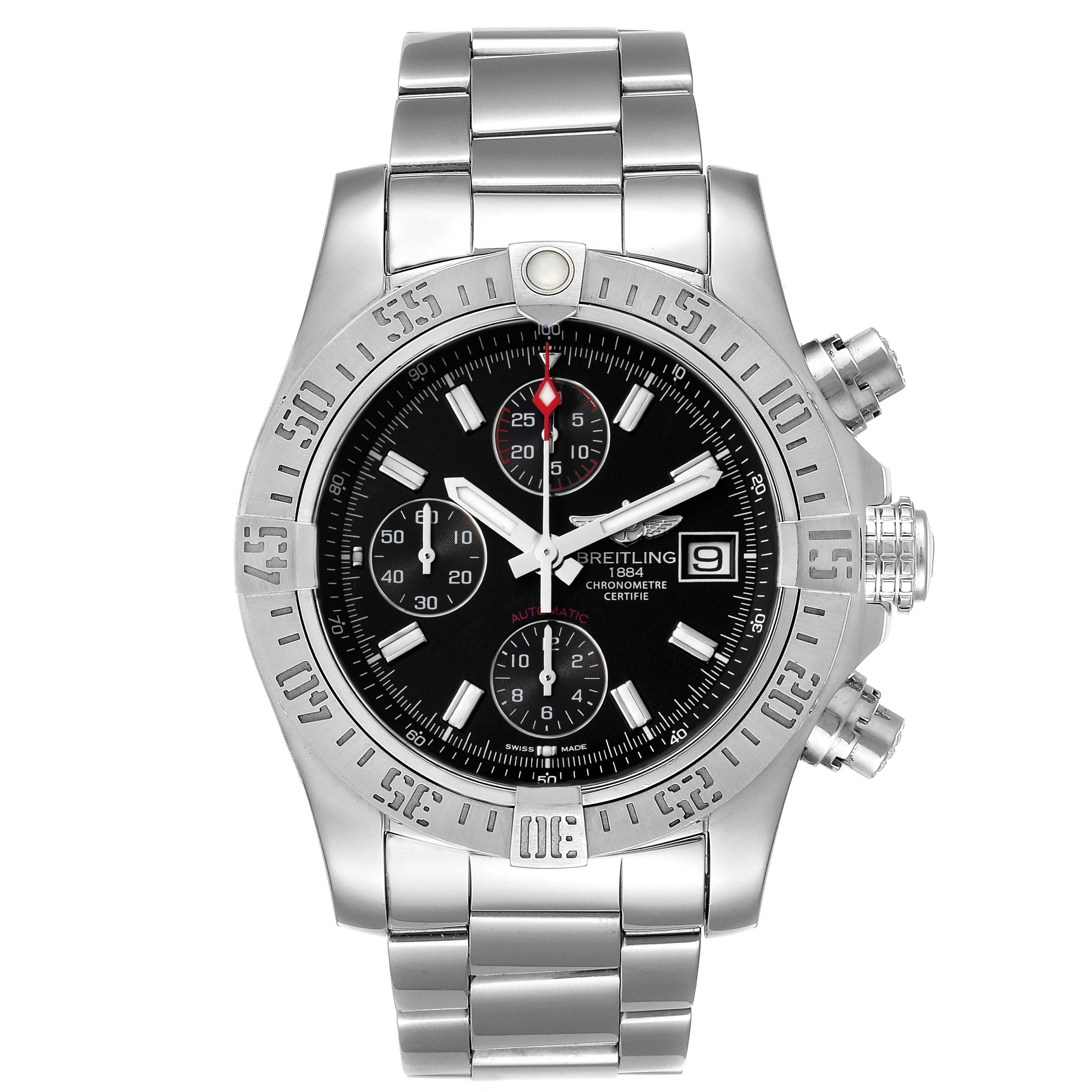 This image shows the front view of a Breitling Avenger A13381 Men's Stainless Steel Black Dial A13381 Men's Stainless Steel Black Dial watch with a stainless steel band and black chronograph dial.
