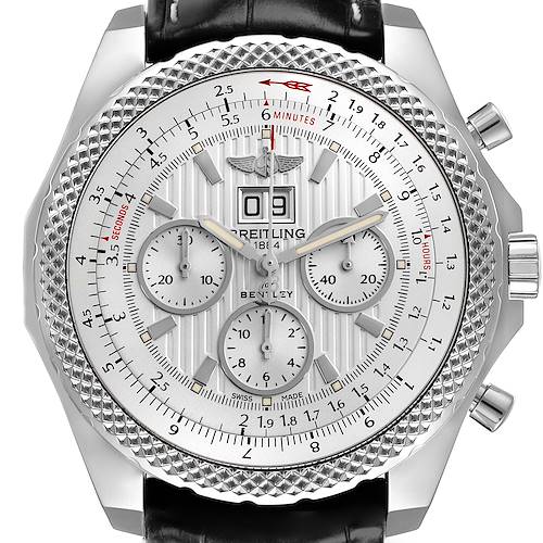 The image shows a frontal view of the Breitling Bentley A44364 Men's Stainless Steel Silver Dial A44364 Men's Stainless Steel Silver Dial watch, highlighting the dial, bezel, subdials, and pushers.