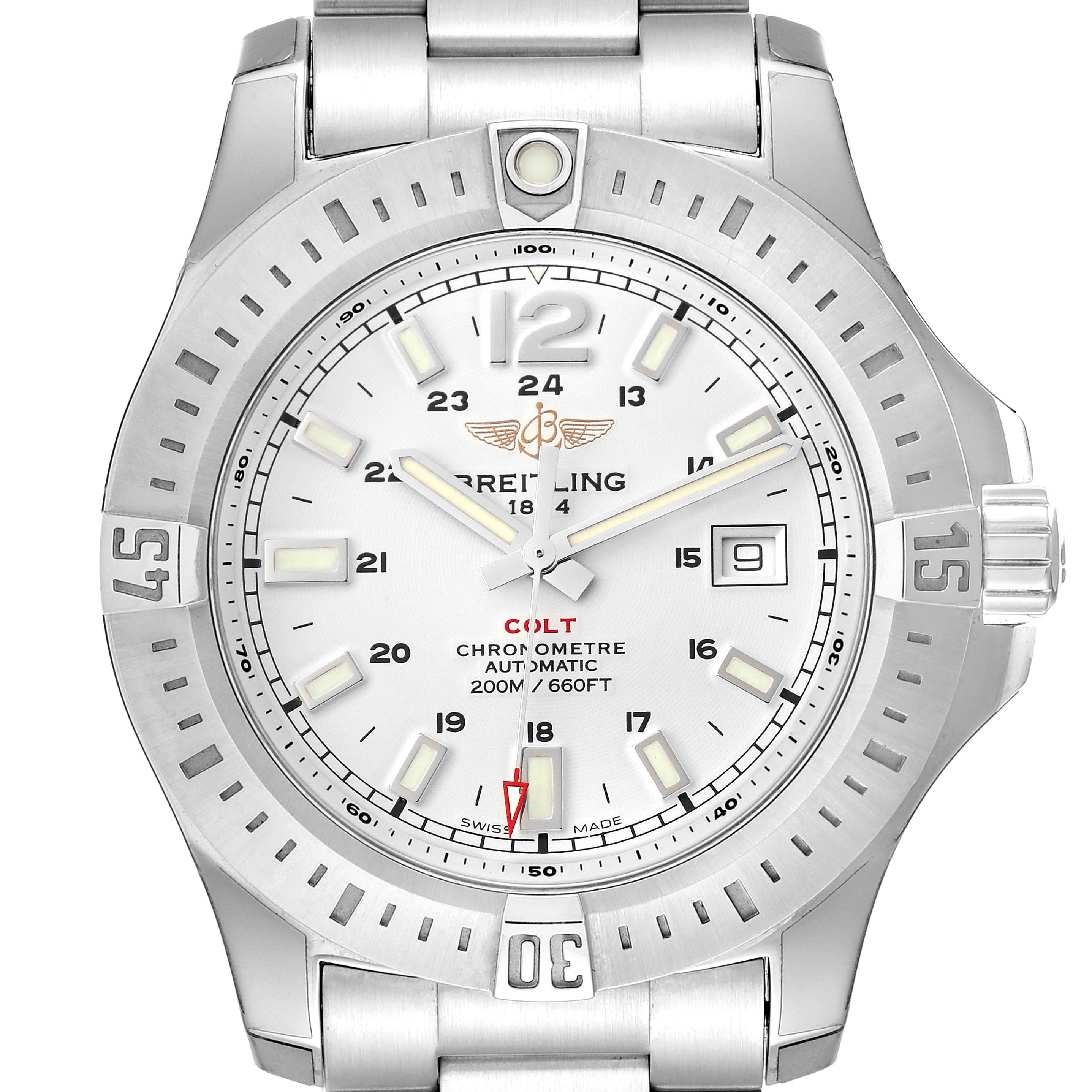 The image shows a frontal view of the Breitling Colt A17388 Men's Stainless Steel White Dial A17388 Men's Stainless Steel White Dial watch, highlighting its face, bezel, and part of the bracelet.