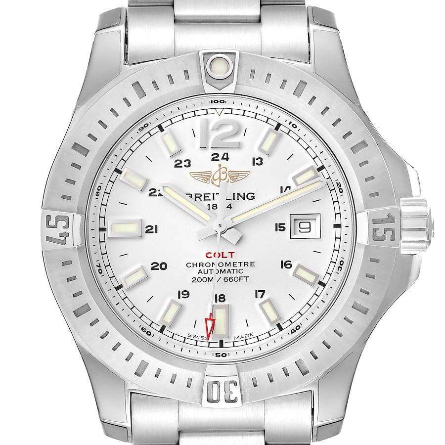 The image shows a frontal view of the Breitling Colt A17388 Men's Stainless Steel White Dial A17388 Men's Stainless Steel White Dial watch, highlighting its face, bezel, and part of the bracelet.