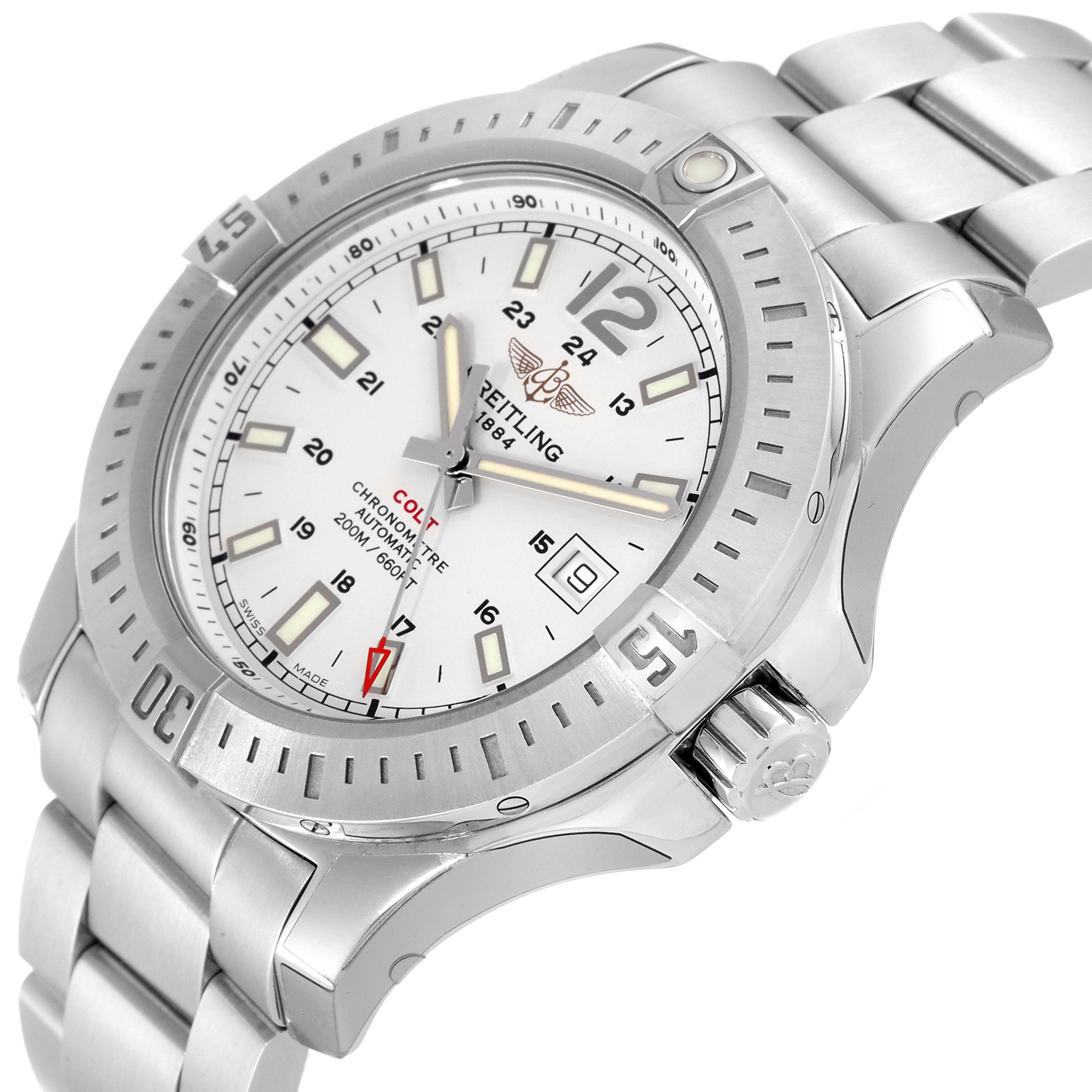 The image shows a Breitling Colt A17388 Men's Stainless Steel White Dial A17388 Men's Stainless Steel White Dial watch from a slightly angled side view, highlighting the dial, bezel, and partially the bracelet.