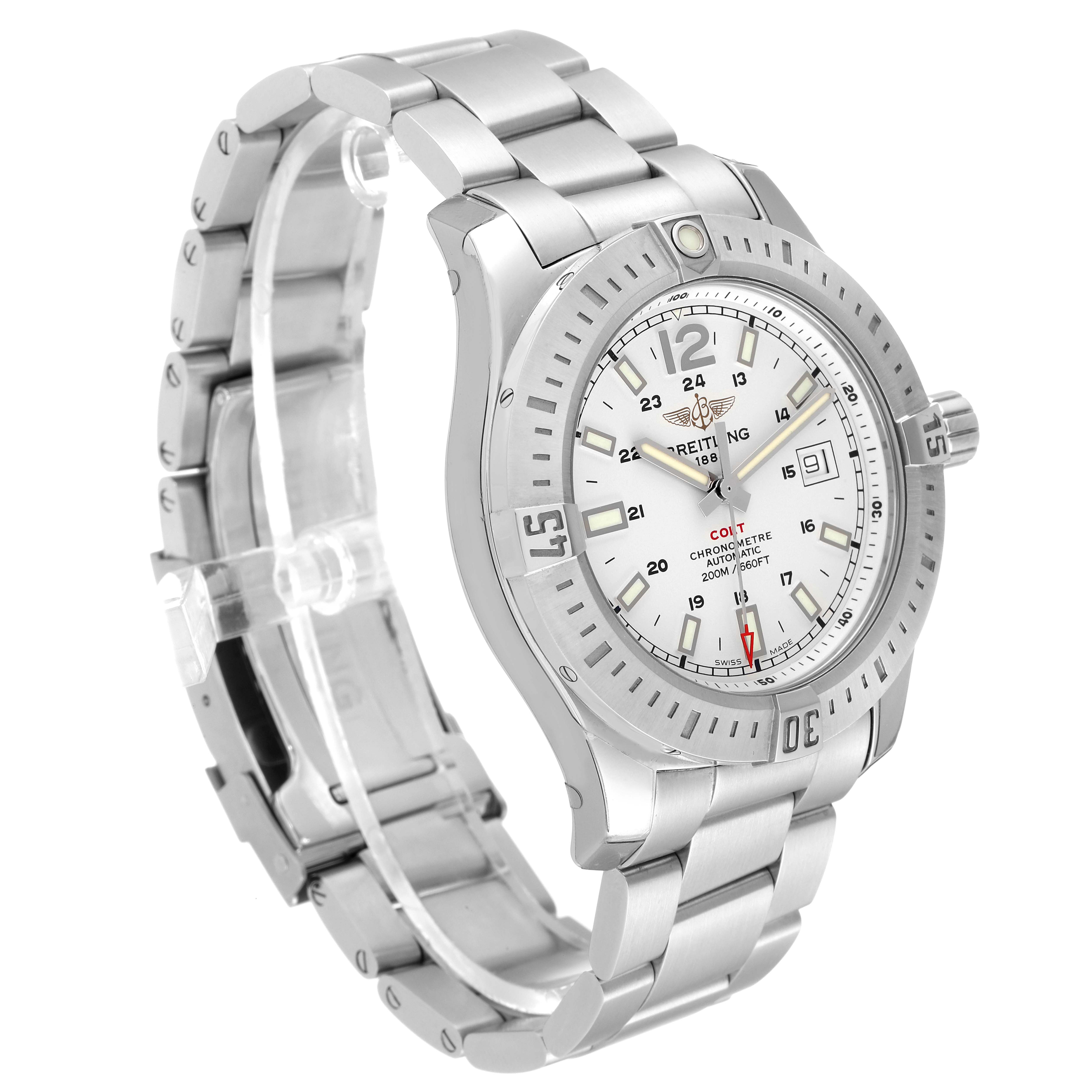 The image shows a side-angle view of the Breitling Colt A17388 Men's Stainless Steel White Dial A17388 Men's Stainless Steel White Dial watch, highlighting the face, bezel, and bracelet.