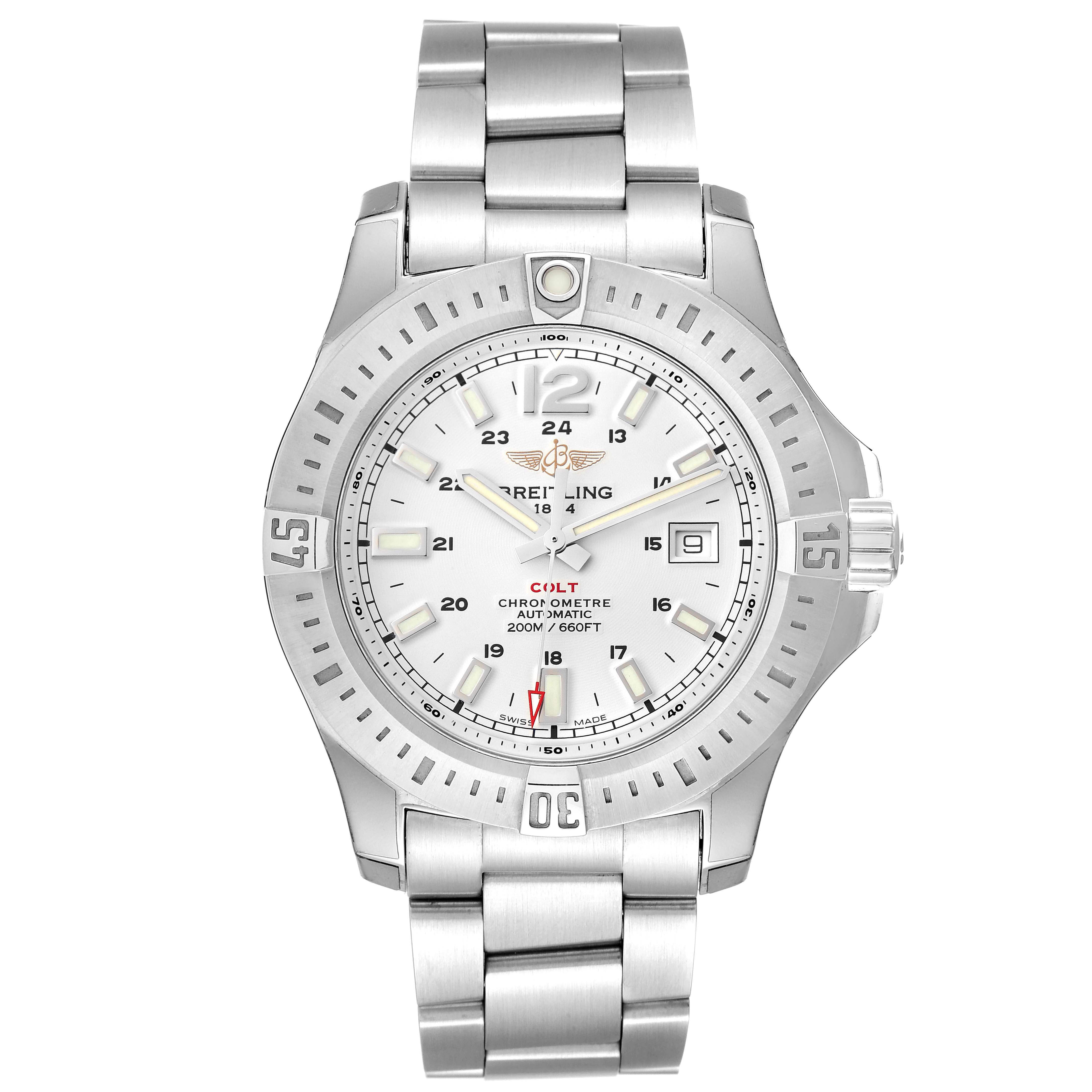 The watch shown is a Breitling Colt A17388 Men's Stainless Steel White Dial A17388 Men's Stainless Steel White Dial model, viewed from the front, displaying the dial, bezel, crown, and metal bracelet.