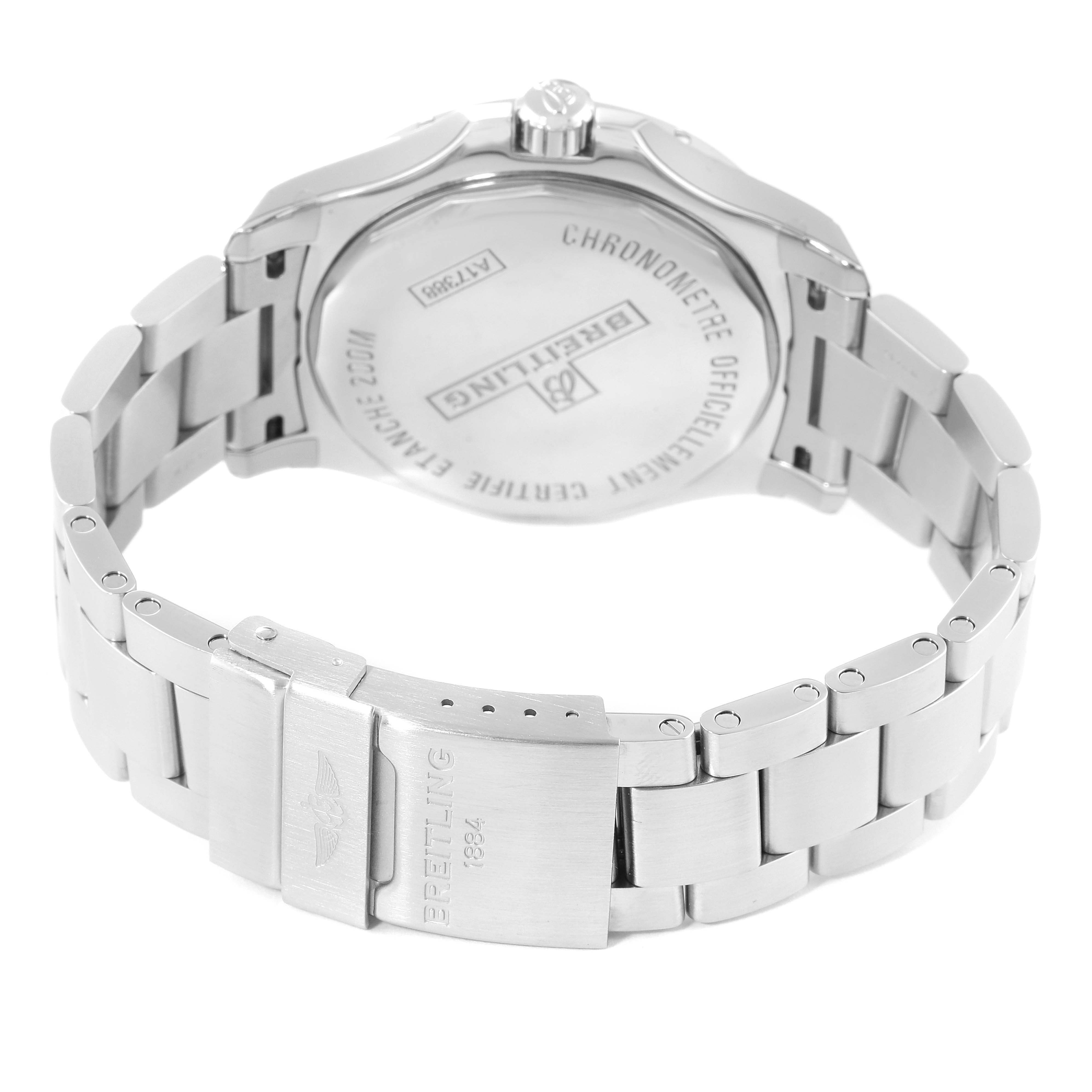 The image shows the back case and bracelet of a Breitling Colt A17388 Men's Stainless Steel White Dial A17388 Men's Stainless Steel White Dial watch from a rear angle.