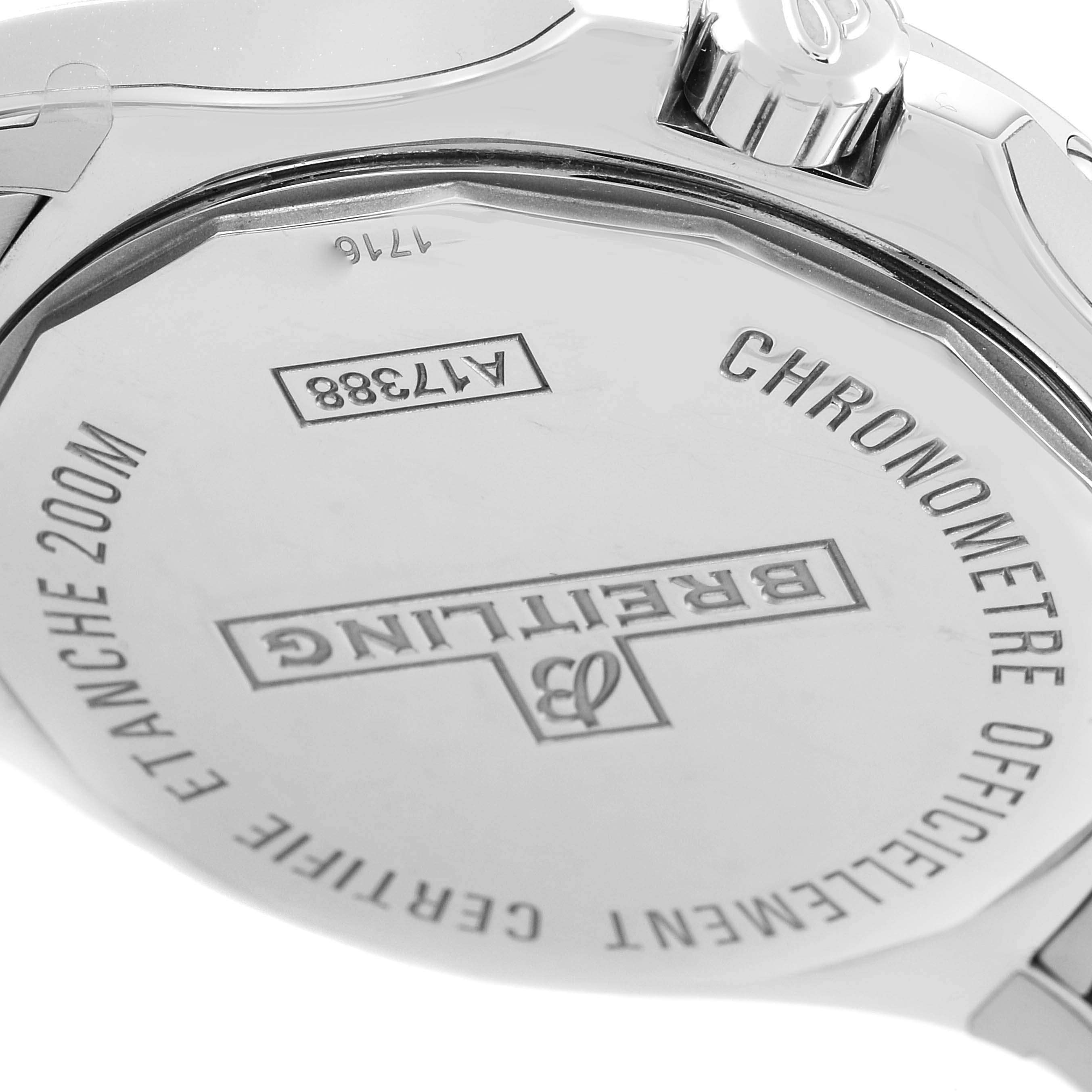 The image shows the back case and part of the bezel of the Breitling Colt A17388 Men's Stainless Steel White Dial A17388 Men's Stainless Steel White Dial watch with inscriptions and specifications.