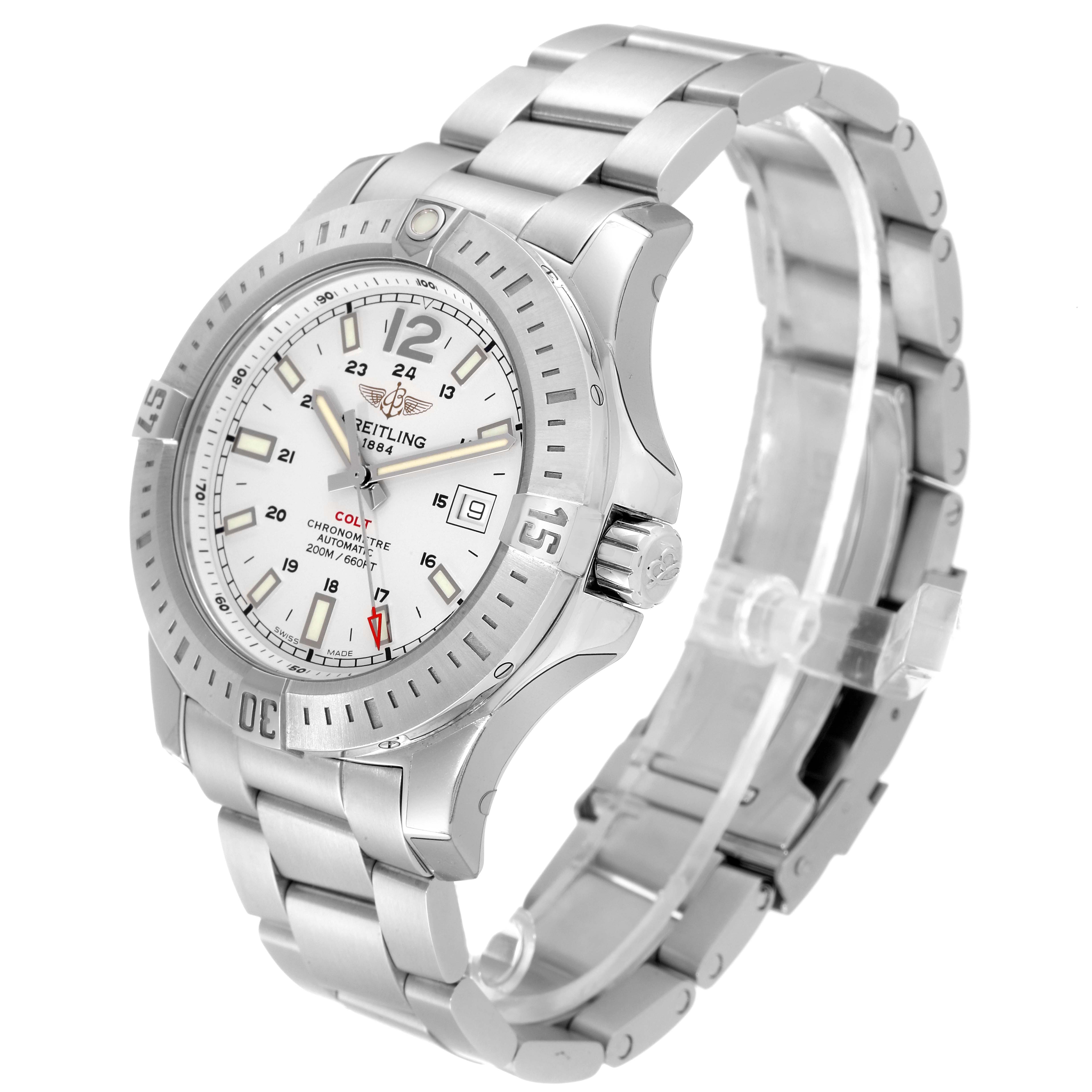 The Breitling Colt A17388 Men's Stainless Steel White Dial A17388 Men's Stainless Steel White Dial watch is shown at a three-quarter view, highlighting the face, bezel, crown, and metal bracelet.
