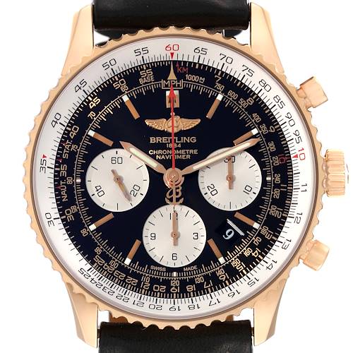 The image shows a front view of a Breitling Navitimer RB0120 Men's Rose Gold Black Dial RB0120 Men's Rose Gold Black Dial watch, highlighting its dial, hands, subdials, and bezel.