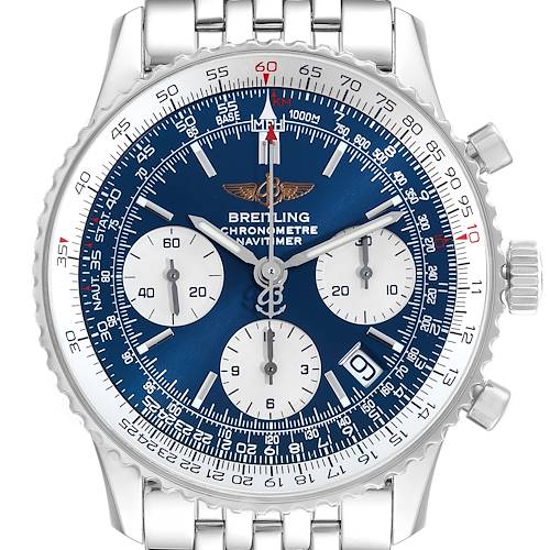 The Breitling Navitimer A23322 Men's Stainless Steel Blue Dial A23322 Men's Stainless Steel Blue Dial watch is shown from the front, displaying its blue dial, subdials, bezel, and bracelet links.