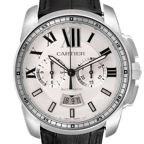 This is a front view of the Calibre de Cartier watch by Cartier, showing the dial, sub-dials, date window, and part of the strap.