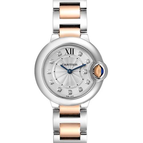 The image shows a front view of the Cartier Ballon Bleu WE902030 Women's Steel and Gold (two tone) Silver Dial WE902030 Women's Steel and Gold (two tone) Silver Dial watch, highlighting its dial, case, and mixed metal bracelet.