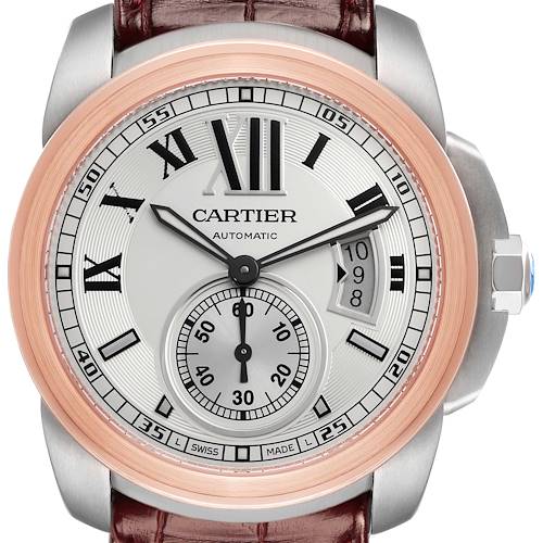 The Calibre de Cartier watch is shown from a front angle, highlighting the dial, bezel, and crown.