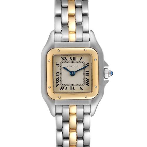 The image shows a Panthere model by Cartier, featuring the dial, bezel, crown, and bracelet in a frontal view.