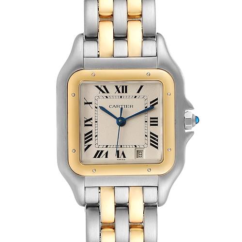 This Cartier Panthere W25028B8 Men's Steel and Gold (two tone) Silver Dial W25028B8 Men's Steel and Gold (two tone) Silver Dial watch is shown from a front angle displaying the face, dial, bezel, and bracelet.