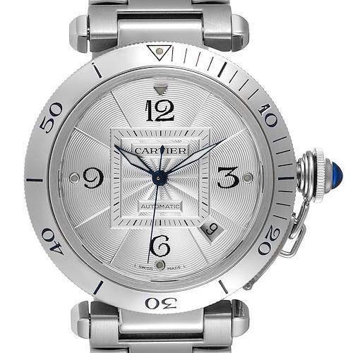 The image depicts a front view of a Cartier Pasha W31059H3 Men's Stainless Steel Silver Dial W31059H3 Men's Stainless Steel Silver Dial watch, showcasing its dial, numerals, bezel, and crown with a blue cabochon.
