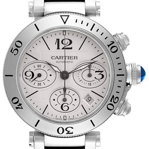 The Cartier Pasha W31089M7 Men's Stainless Steel Silver Dial W31089M7 Men's Stainless Steel Silver Dial watch is shown from the front, displaying its face, bezel, and chronograph dials.