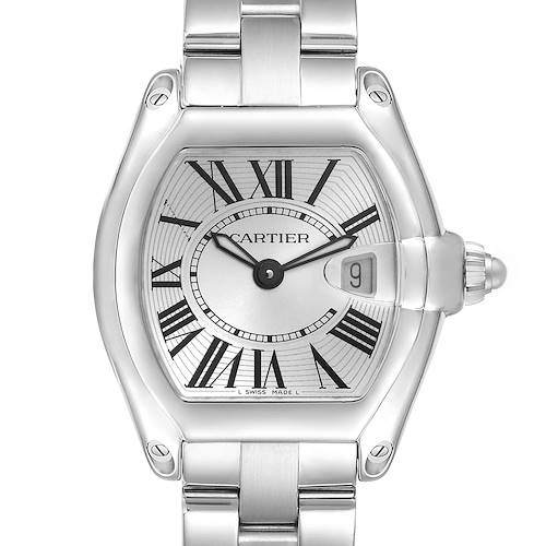 The Cartier Roadster W62016V3 Women's Stainless Steel Silver Dial W62016V3 Women's Stainless Steel Silver Dial watch is shown from a front angle, highlighting the face, bezel, and bracelet details.