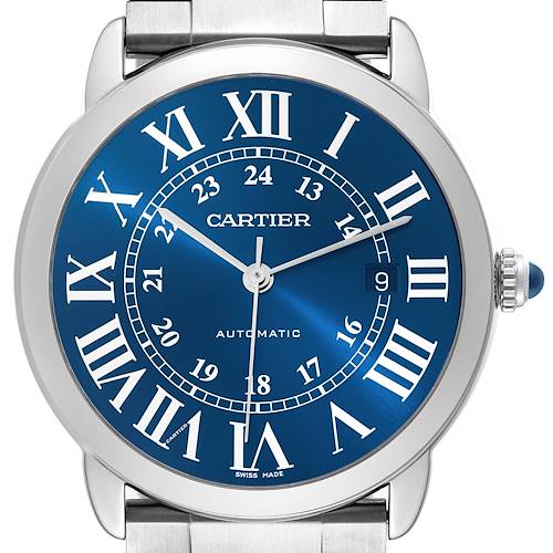 This image shows a front view of the Cartier Ronde WSRN0023 Men's Stainless Steel Blue Dial WSRN0023 Men's Stainless Steel Blue Dial model watch, displaying the blue dial, Roman numerals, and date window.