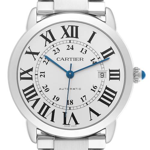 The Cartier Ronde W6701011 Men's Stainless Steel Silver Dial W6701011 Men's Stainless Steel Silver Dial watch is shown from the front, displaying Roman numerals, a date window, and blue hands.