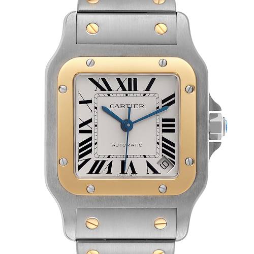 The Cartier Santos W20099C4 Men's Steel and Gold (two tone) Silver Dial W20099C4 Men's Steel and Gold (two tone) Silver Dial watch is shown from the front, highlighting the dial, bezel, and part of the bracelet with screws.