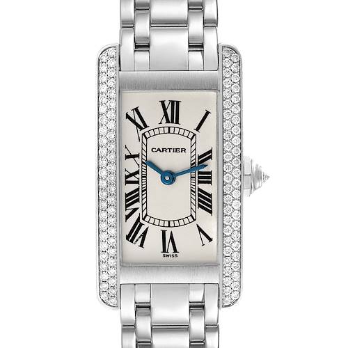 The image shows a front view of the Cartier Tank Americaine WB7018L1 Women's White Gold Silver Dial WB7018L1 Women's White Gold Silver Dial watch with a rectangular face, Roman numeral hour markers, and a diamond bezel.