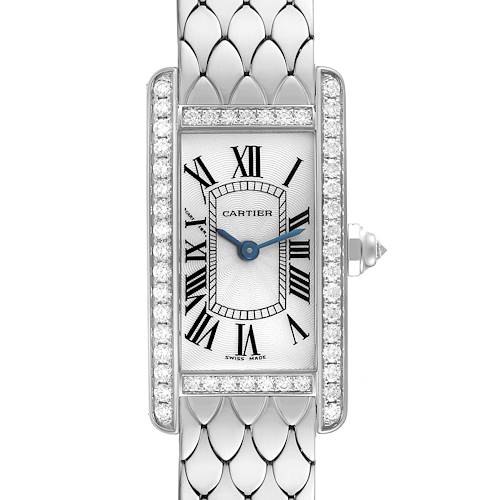This image shows a front view of a Cartier Tank Americaine WB710009 Women's White Gold Silver Dial WB710009 Women's White Gold Silver Dial watch, featuring a rectangular diamond-studded case with Roman numerals.