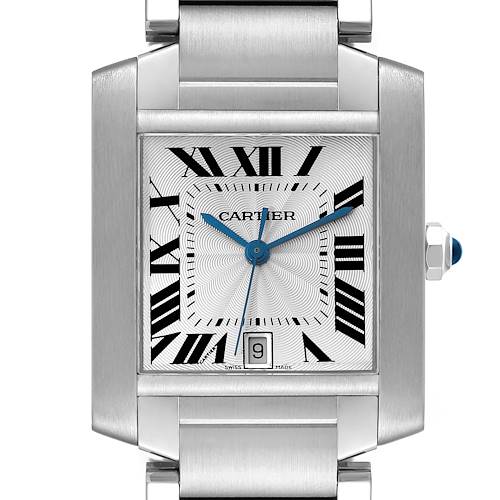 This image shows a close-up front view of the dial and bezel of the Cartier Tank Francaise W51002Q3 Men's Stainless Steel Silver Dial W51002Q3 Men's Stainless Steel Silver Dial watch.