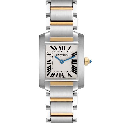 The Cartier Tank Francaise W51007Q4 Women's Steel and Gold (two tone) Silver Dial W51007Q4 Women's Steel and Gold (two tone) Silver Dial watch is shown from a front angle, highlighting the face, bezel, and bracelet with two-tone links.