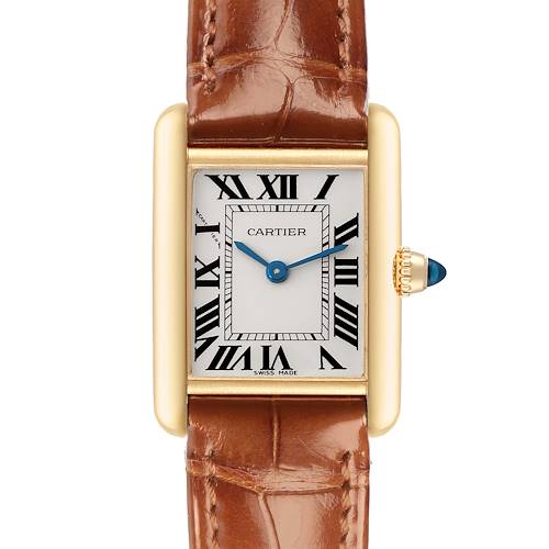 The Cartier Tank Louis W1529856 Women's Yellow Gold Silver Dial W1529856 Women's Yellow Gold Silver Dial watch is shown from a top-down angle, displaying the dial, Roman numerals, gold case, and brown leather strap.