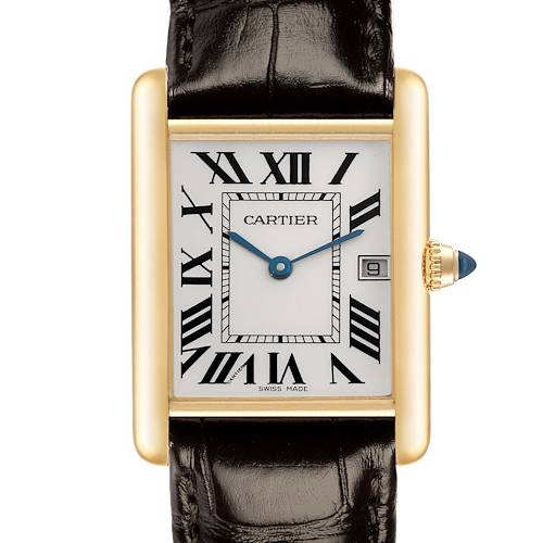 The Cartier Tank Louis W1529756 Men's Yellow Gold Silver Dial W1529756 Men's Yellow Gold Silver Dial watch is shown from the front, displaying its face, Roman numerals, hands, date window, and crown.
