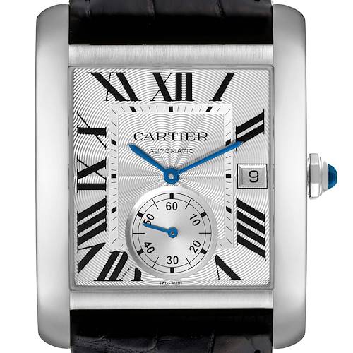 The image shows a close-up front view of the Cartier Tank MC W5330003 Men's Stainless Steel Silver Dial W5330003 Men's Stainless Steel Silver Dial watch, displaying its face, dial, and part of the strap.
