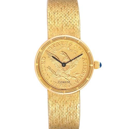 The image shows a front view of the Corum 1902 Women's Yellow Gold Black Dial 1902 Women's Yellow Gold Black Dial Coin 5 Dollars Double Eagle Yellow Gold Ladies Watch 1902 model, highlighting the face and band.