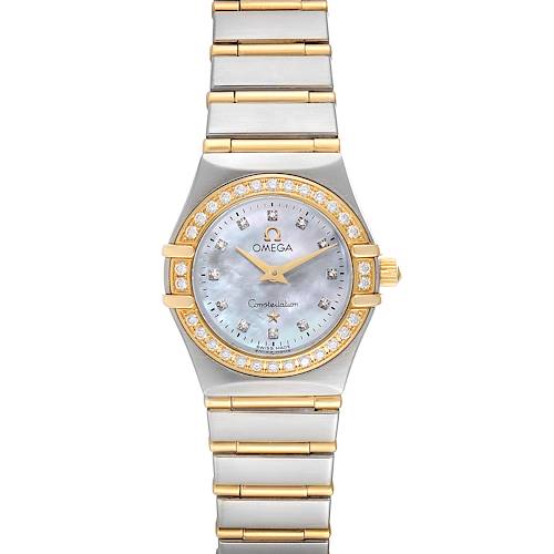The image shows a front view of the Omega 1267.75.00 Women's Steel and Gold (two tone) Mother of Pearl Dial 1267.75.00 Women's Steel and Gold (two tone) Mother of Pearl Dial Constellation 95 Mother of Pearl Diamond Watch 1267.75.00, including the dial, bezel, and bracelet.