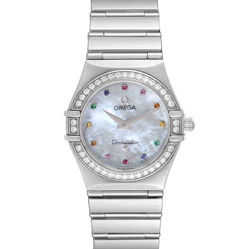 The image shows a front view of the Omega 1476.79.00 Women's Stainless Steel Mother of Pearl Dial 1476.79.00 Women's Stainless Steel Mother of Pearl Dial Constellation Iris My Choice Steel Multi Stone Watch model 1476.79.00.