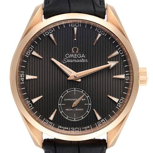 The image shows a front view of the Omega Aqua Terra 231.53.49.10.06.001 Men's Rose Gold Grey Dial 231.53.49.10.06.001 Men's Rose Gold Grey Dial Seamaster watch with a black dial and gold accents.