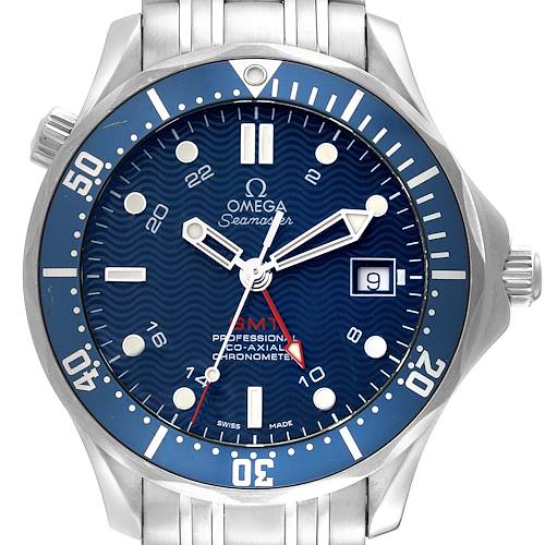 This image shows a front view of the Omega Seamaster 2535.80.00 Men's Stainless Steel Blue Dial 2535.80.00 Men's Stainless Steel Blue Dial watch, highlighting the dial, bezel, hands, crown, and bracelet.