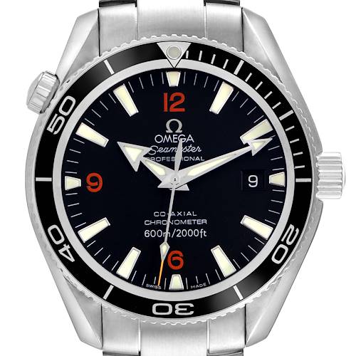 The Omega Planet Ocean 2201.51.00 Men's Stainless Steel Black Dial 2201.51.00 Men's Stainless Steel Black Dial watch is shown from the front, displaying the dial, bezel, hands, and a portion of the bracelet.