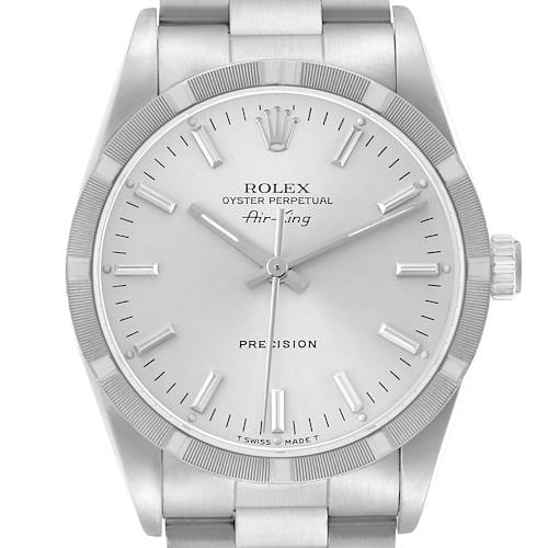 The Rolex Air-King 14010 Men's Stainless Steel Silver Dial 14010 Men's Stainless Steel Silver Dial watch is shown from a front angle, highlighting the dial, bezel, crown, and part of the bracelet.