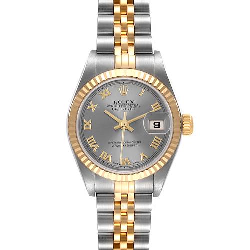 The Rolex Datejust 79173 Women's Steel and Gold (two tone) Grey Dial 79173 Women's Steel and Gold (two tone) Grey Dial watch is shown from a front angle, displaying the face, bezel, crown, and part of the bracelet.