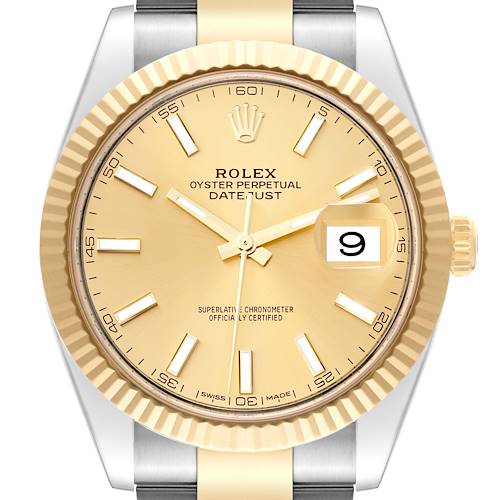 The image shows a front view of the Rolex Datejust 41 126333 Men's Steel and Gold (two tone) Champagne Dial 126333 Men's Steel and Gold (two tone) Champagne Dial watch, displaying its dial, bezel, and crown.