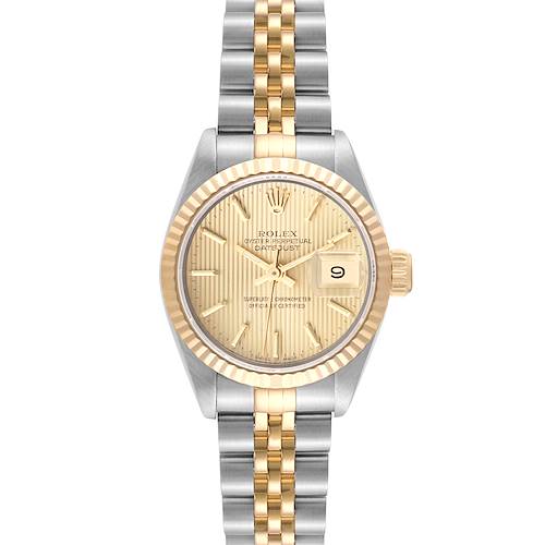 This image shows a Rolex Datejust 69173 Women's Steel and Gold (two tone) Champagne Dial 69173 Women's Steel and Gold (two tone) Champagne Dial watch from a front angle, highlighting its dial, bezel, and bracelet.