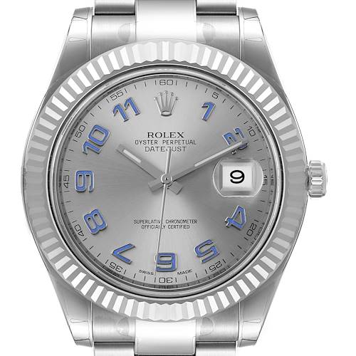 This image shows a front view of the Rolex Datejust 41 116334 Men's Stainless Steel Silver Dial 116334 Men's Stainless Steel Silver Dial watch, highlighting its dial, bezel, hands, crown, and bracelet.