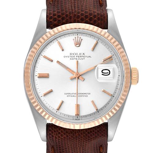 The image shows a Rolex Vintage Collection 1601 Men's Steel and Gold (two tone) Silver Dial 1601 Men's Steel and Gold (two tone) Silver Dial model watch from a front angle, highlighting its dial, date window, and leather strap.