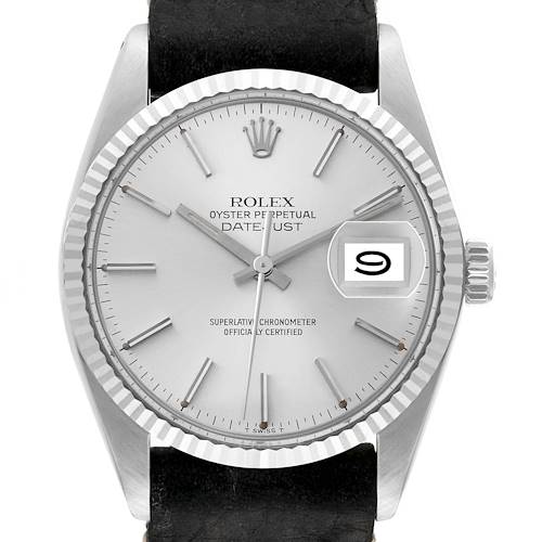 The image shows a front view of a Rolex Vintage Collection 16014 Men's Stainless Steel Silver Dial 16014 Men's Stainless Steel Silver Dial model watch, highlighting the dial, hands, and date window.
