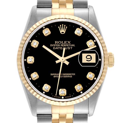 This image shows a close-up of the Rolex Datejust 16233 Men's Steel and Gold (two tone) Black Dial 16233 Men's Steel and Gold (two tone) Black Dial watch displaying its dial, bezel, and part of its two-tone bracelet.