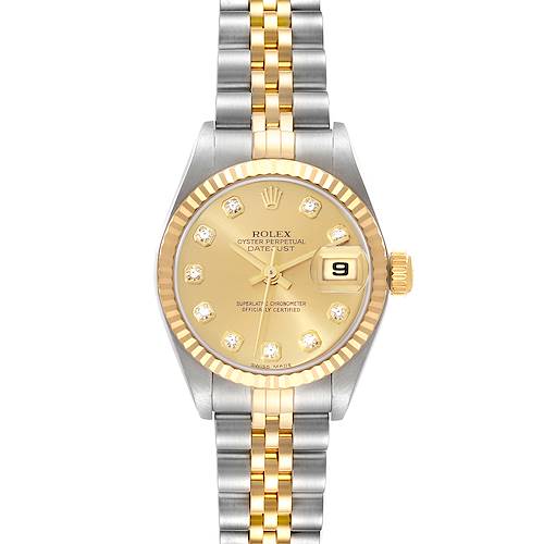 This image shows a front view of a Rolex Datejust 79173G Women's Steel and Gold (two tone) Champagne Dial 79173G Women's Steel and Gold (two tone) Champagne Dial watch, highlighting the dial, bezel, and two-tone bracelet.